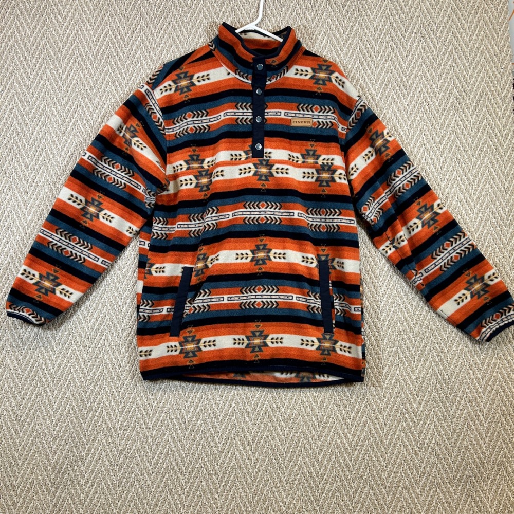 Cinch Jacket Mens Large Orange Aztec Southwest Fleece Pullover Mock Neck Snap